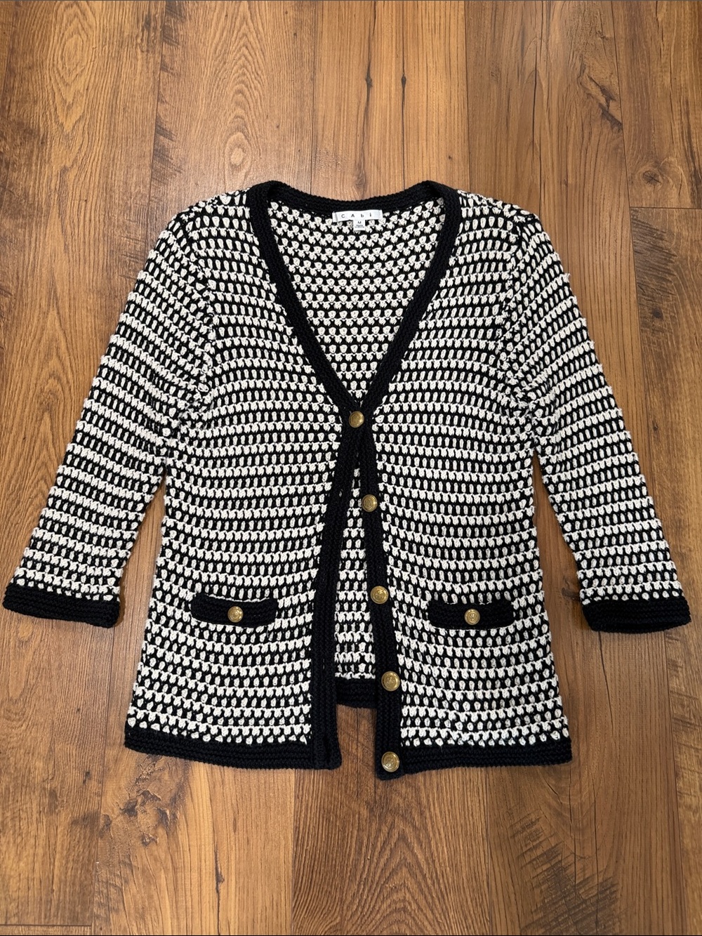 CAbi Black and White Textured Knit Cardigan with Gold Buttons